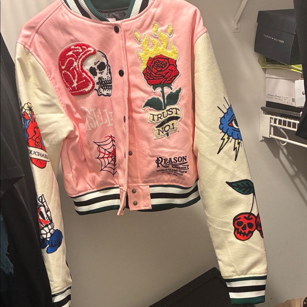 Reason Women's Pink and Cream Varsity Jacket